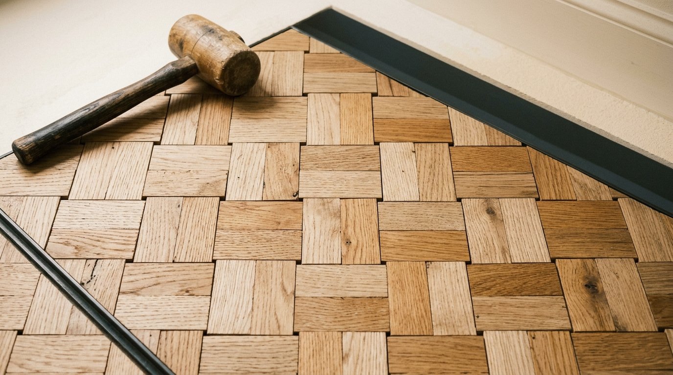 Mosaikparkett aus kleinen Holzstücken mit lebendiger Maserung