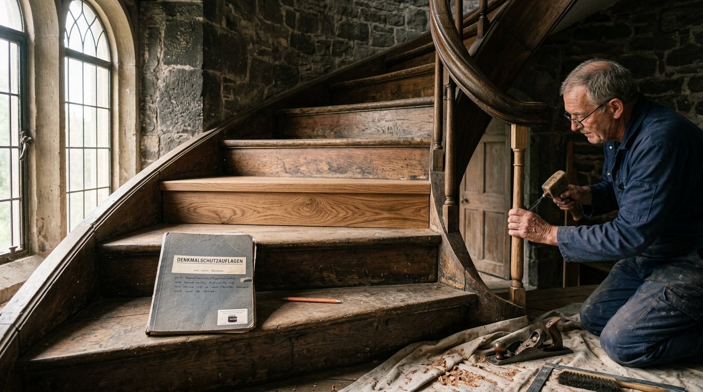 Sonderanfertigte Holzstufe restauriert historische Treppe unter Denkmalschutz